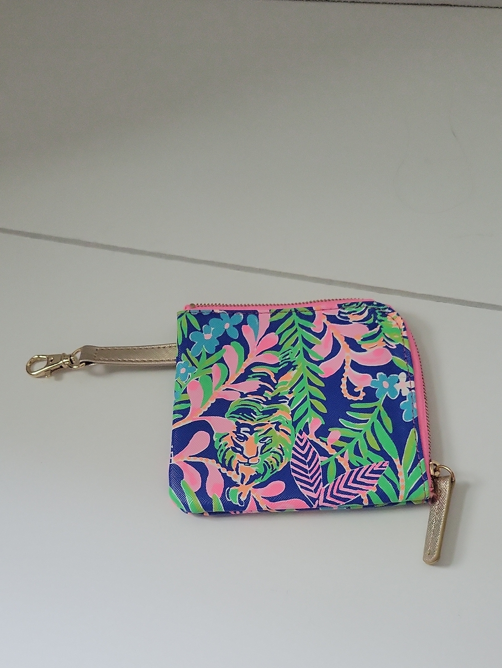 Lilly Puliitzer, Navy Tropical Print Wristlet Wallet with Pink Trim